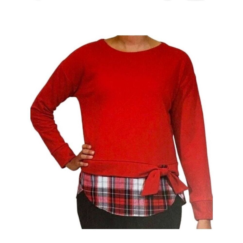 IZOD Long Sleeve Tie Front 2-Fer Sweatshirt in Red/White/Black Women’s L